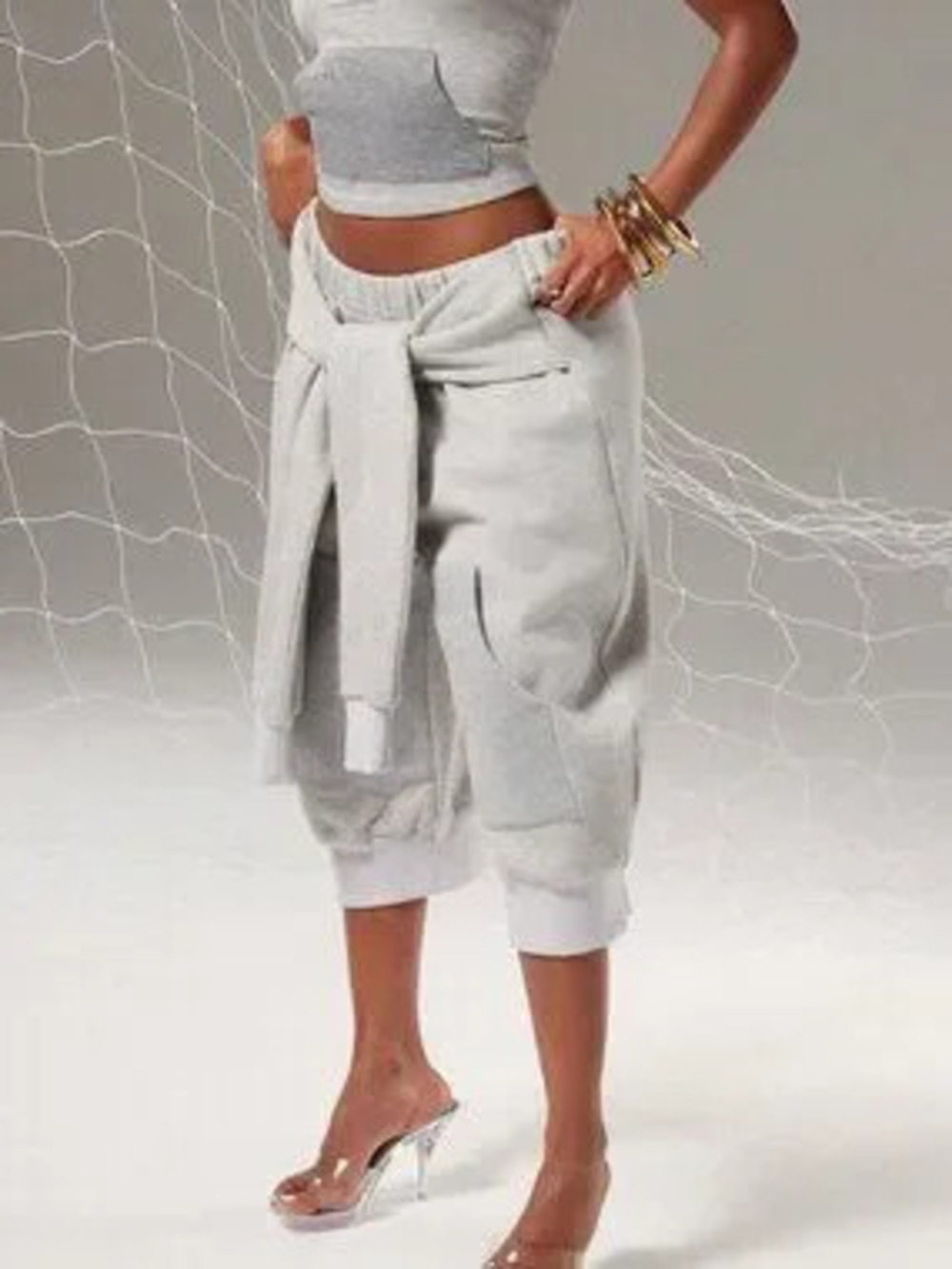 Grey Casual Women's Loose Elastic Pocket Plain Bermuda Sweatpant